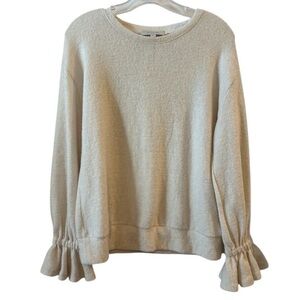 Anthropologie Eri + Ali Women's Ruffle Sleeve Cream Sweater Soft Fuzzt Size S